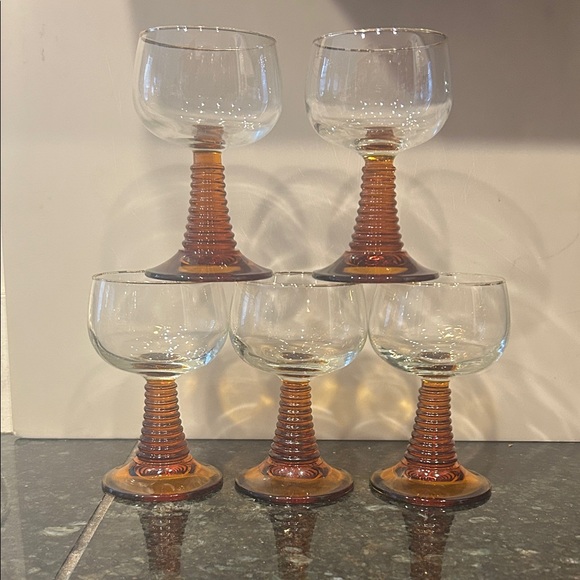 Vgt amber beehive stemmed wine or brandy glasses. Made in France MCM - Picture 4 of 6